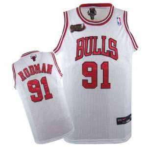 Maillot NBA Blanc Dennis Rodman #91 Chicago Bulls Champions Patch Swingman Homme Nike