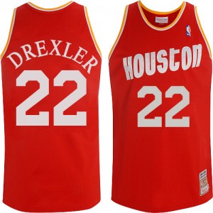 Maillot NBA Rouge Clyde Drexler #22 Houston Rockets Throwback Authentic Homme Mitchell and Ness