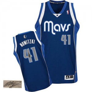 Maillot NBA Dallas Mavericks #41 Dirk Nowitzki Bleu marin Adidas Authentic Alternate Autographed - Homme