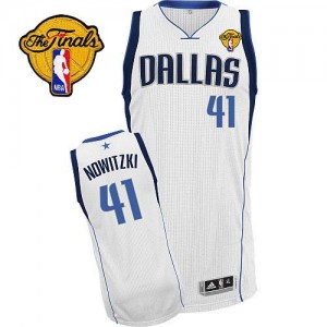 Maillot NBA Dallas Mavericks #41 Dirk Nowitzki Blanc Adidas Authentic Home Finals Patch - Homme