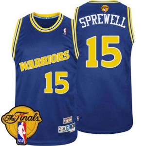 Maillot NBA Golden State Warriors #15 Latrell Sprewell Bleu Adidas Authentic Throwback 2015 The Finals Patch - Homme