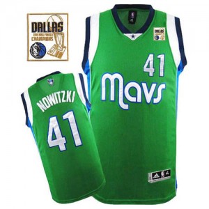 Maillot NBA Dallas Mavericks #41 Dirk Nowitzki Vert Adidas Authentic Champions Patch - Homme